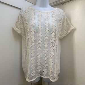 ZARA Eyelet Embroidered Cream Mesh Women’s Top with rolled sleeves